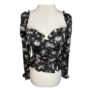 ASTR The Label Floral Long‎ Sleeve Top Ruched Sweetheart Peplum Black Medium